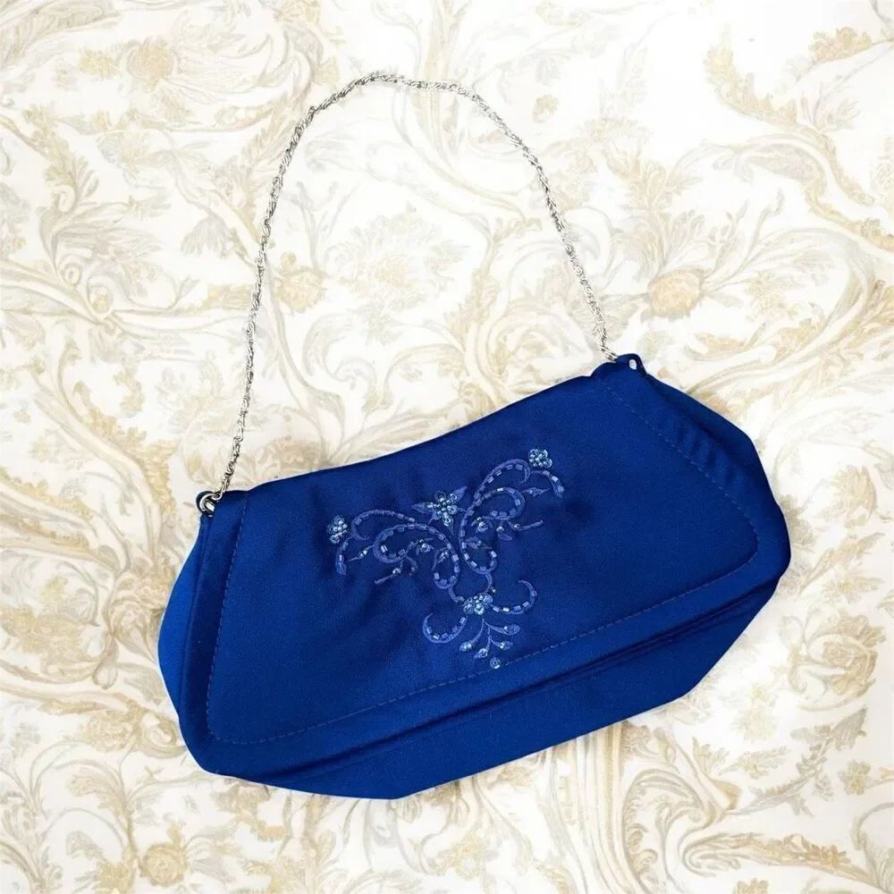 Vintage Blue Floral Beaded Square Handbag Shoulder Bag Purse Chain Y2K